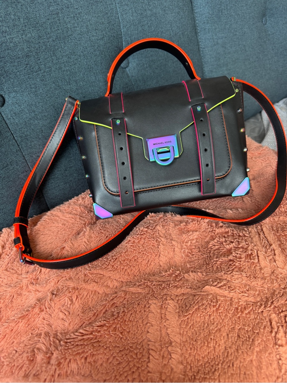 Michael Kors Black Satchel with Neon Trim Accents